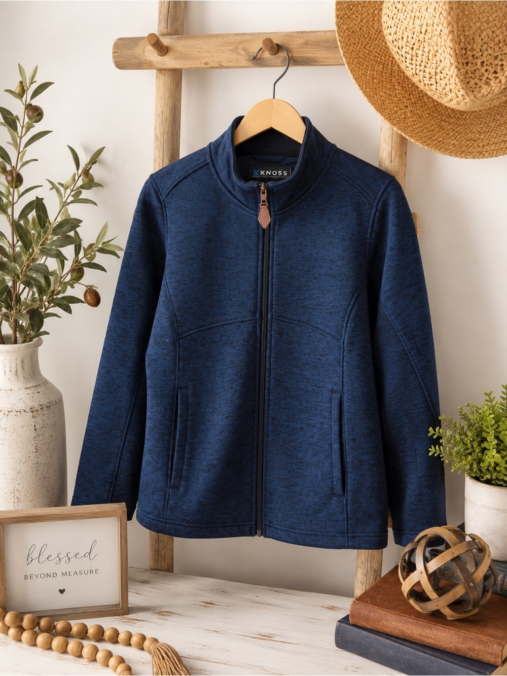 KNOSS Womens Medium Heathered Dark Blue Performance Fleece Jacket Full Zip